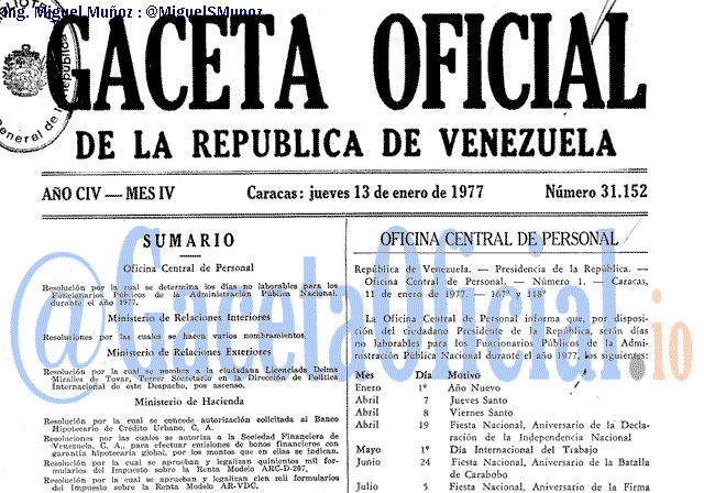 Gaceta Oficial 31152 del 13 Enero 1977