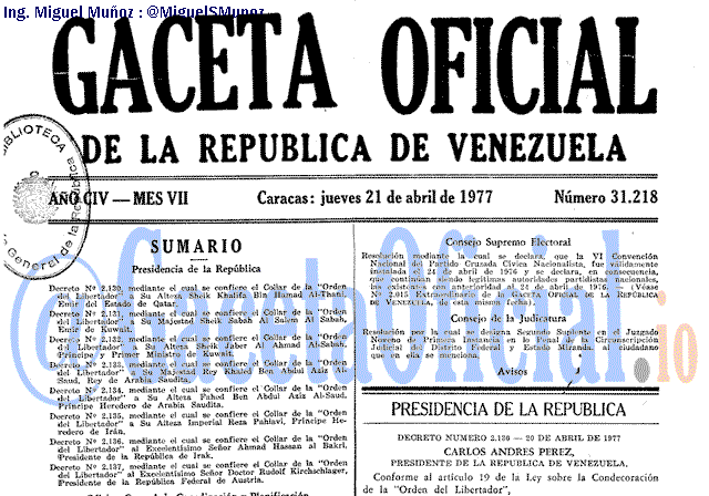 Gaceta Oficial 31218 del 21 Abril 1977