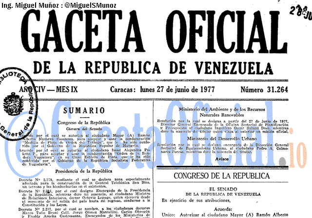 Gaceta Oficial 31264 del 27 Junio 1977