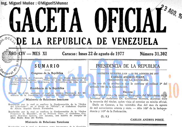 Gaceta Oficial 31302 del 22 Agosto 1977