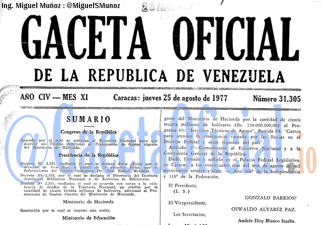 Gaceta Oficial 31305 del 25 Agosto 1977