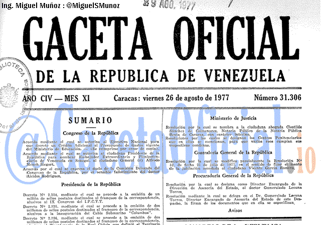 Gaceta Oficial 31306 del 26 Agosto 1977