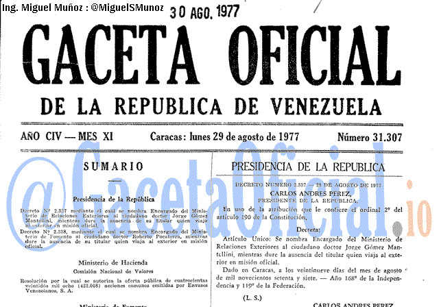Gaceta Oficial 31307 del 29 Agosto 1977