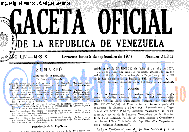 Gaceta Oficial 31312 del 5 Septiembre 1977