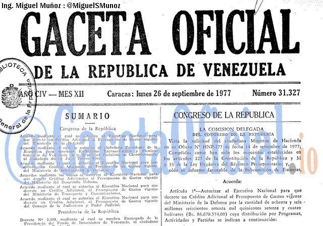 Gaceta Oficial 31327 del 26 Septiembre 1977