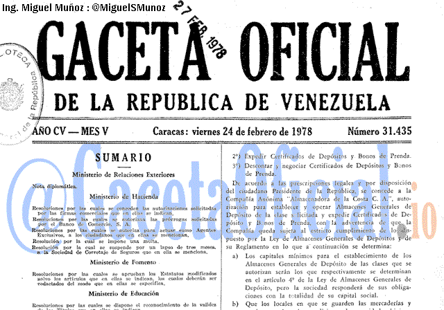 Gaceta Oficial 31435 del 24 Febrero 1978