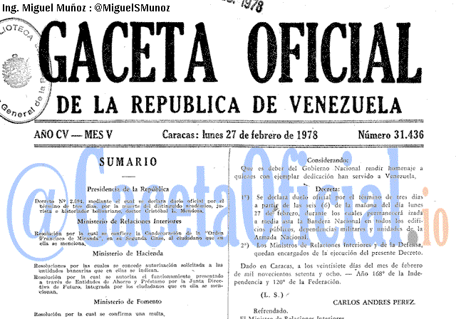 Gaceta Oficial 31436 del 27 Febrero 1978