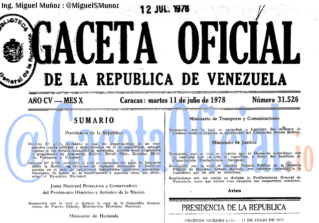 Gaceta Oficial 31526 del 11 Julio 1978