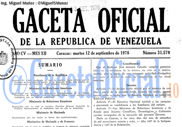 Gaceta Oficial 31570 del 12 Septiembre 1978
