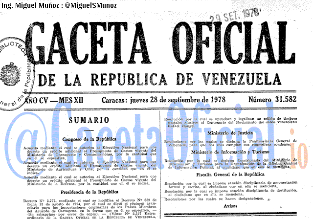 Gaceta Oficial 31582 del 28 Septiembre 1978