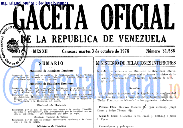 Gaceta Oficial 31585 del 3 Octubre 1978