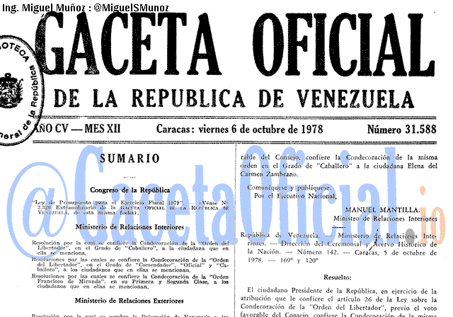 Gaceta Oficial 31588 del 6 Octubre 1978