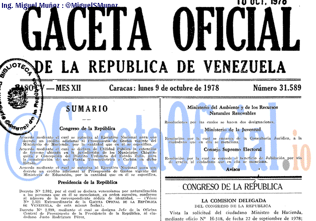 Gaceta Oficial 31589 del 9 Octubre 1978