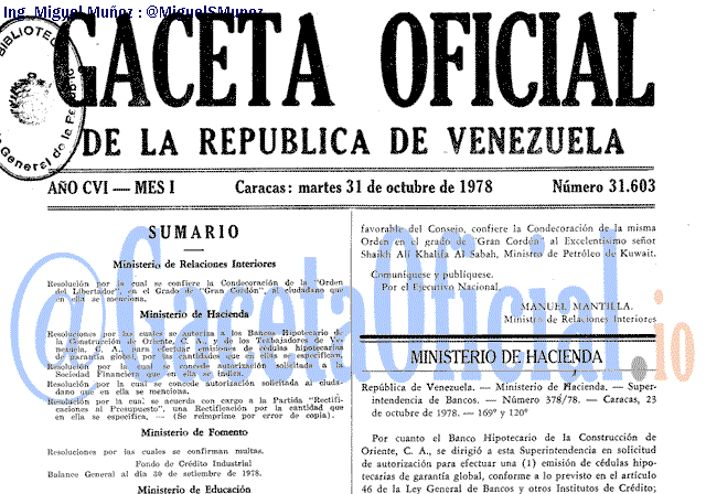 Gaceta Oficial 31603 del 31 Octubre 1978