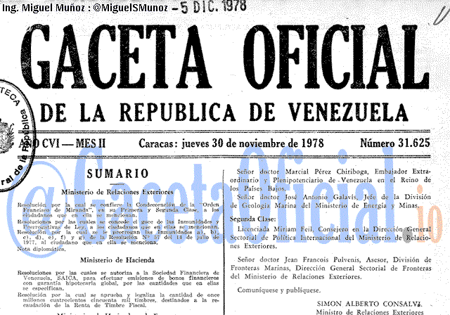 Gaceta Oficial 31625 del 30 Noviembre 1978