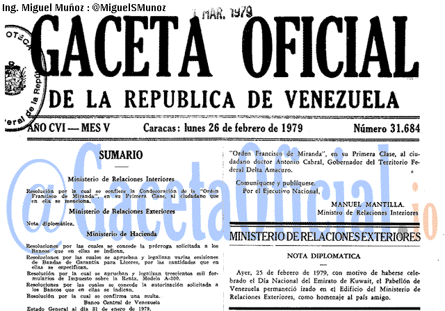 Gaceta Oficial 31684 del 26 Febrero 1979