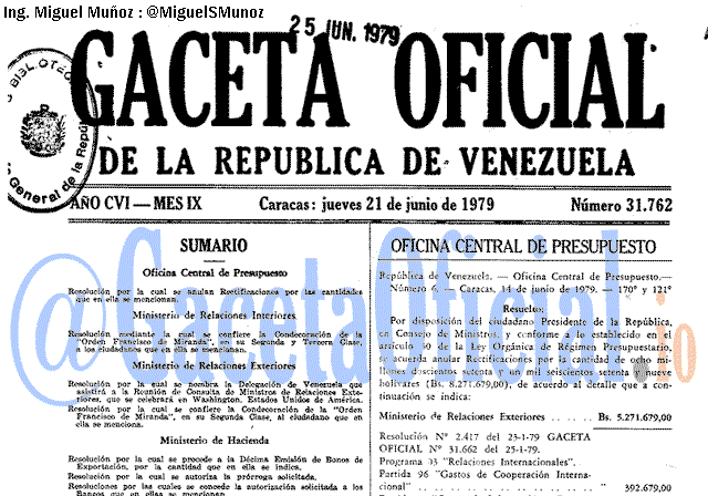 Gaceta Oficial 31762 del 21 Junio 1979