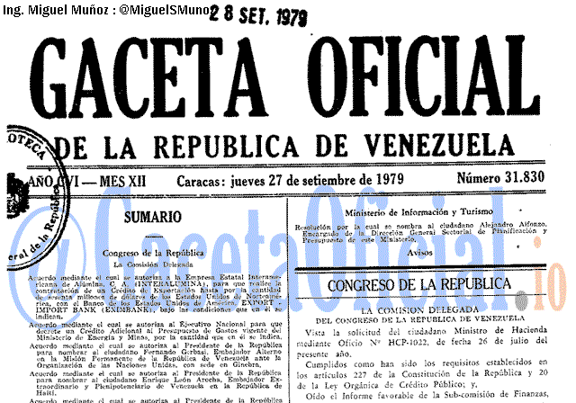 Gaceta Oficial 31830 del 27 Septiembre 1979