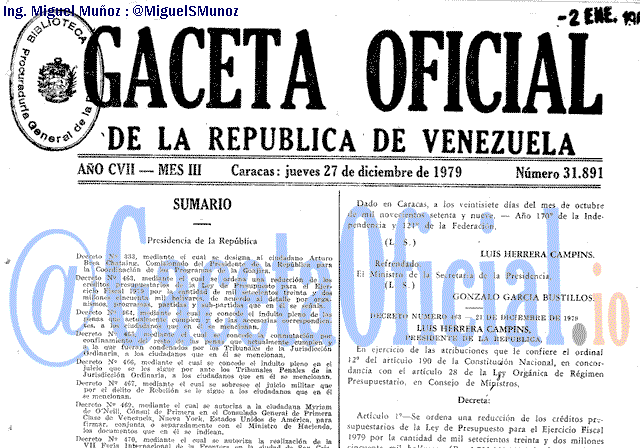 Gaceta Oficial 31891 del 27 Diciembre 1979