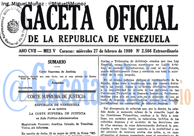 Gaceta Oficial 2566 del 27 Febrero 1980