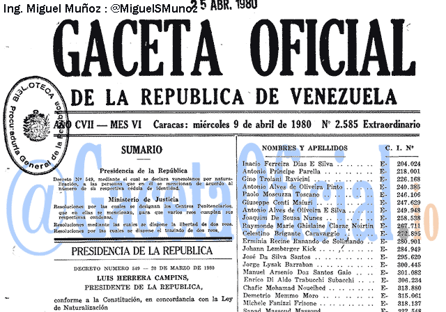 Gaceta Oficial 2585 del 9 Abril 1980