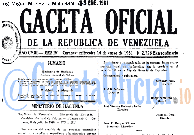 Gaceta Oficial 2726 del 14 Enero 1981