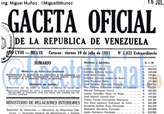 Gaceta Oficial 2822 del 10 Julio 1981