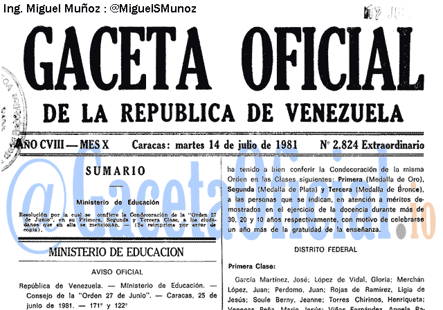 Gaceta Oficial 2824 del 14 Julio 1981