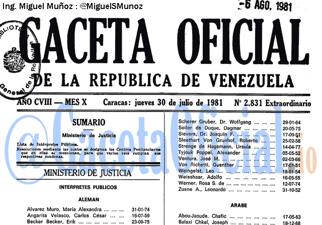 Gaceta Oficial 2831 del 30 Julio 1981