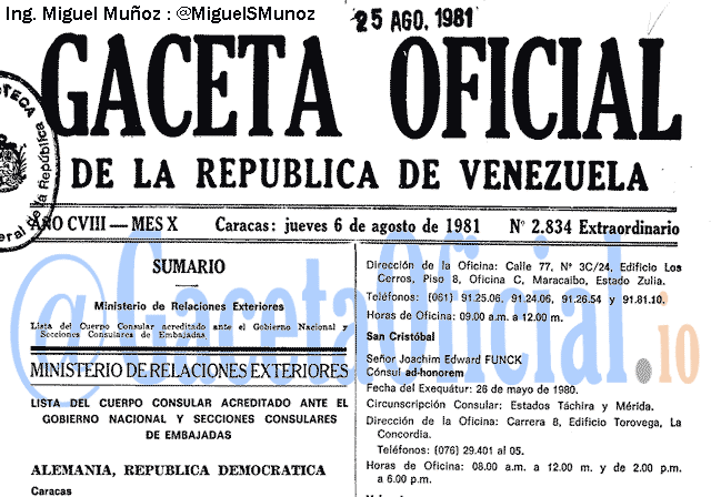 Gaceta Oficial 2834 del 6 Agosto 1981