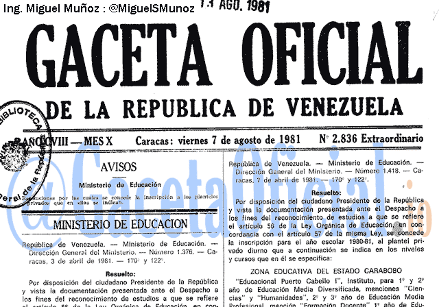 Gaceta Oficial 2836 del 7 Agosto 1981