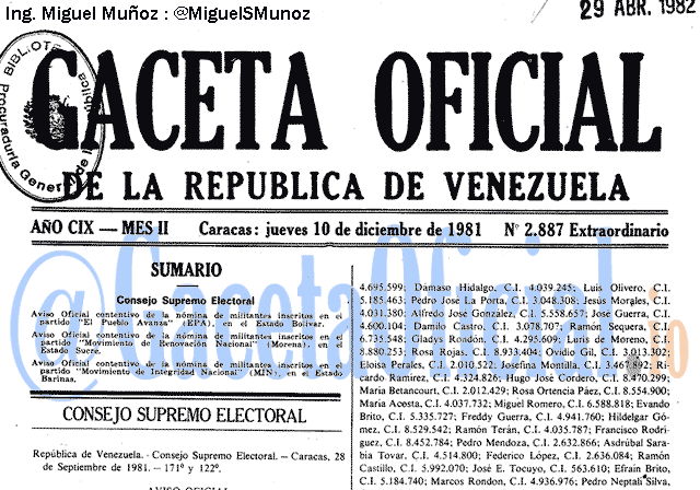 Gaceta Oficial 2887 del 10 Diciembre 1981