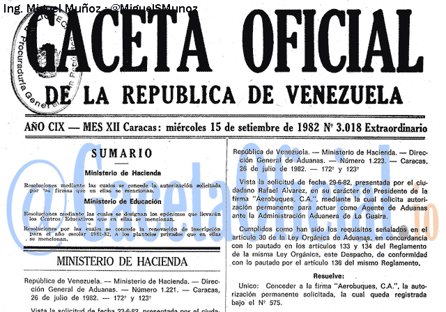 Gaceta Oficial 3018 del 15 Septiembre 1982