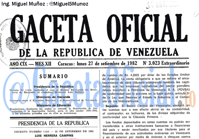 Gaceta Oficial 3023 del 27 Septiembre 1982