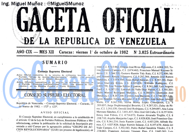 Gaceta Oficial 3025 del 1 Octubre 1982