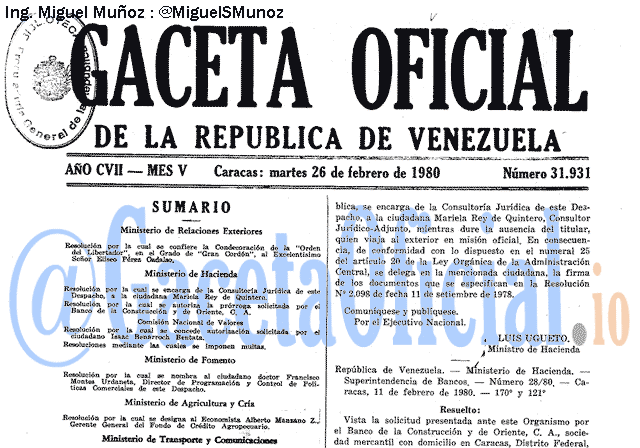 Gaceta Oficial 31931 del 26 Febrero 1980