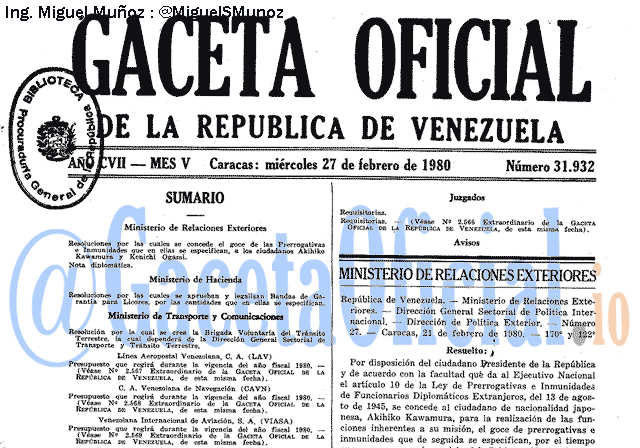 Gaceta Oficial 31932 del 27 Febrero 1980