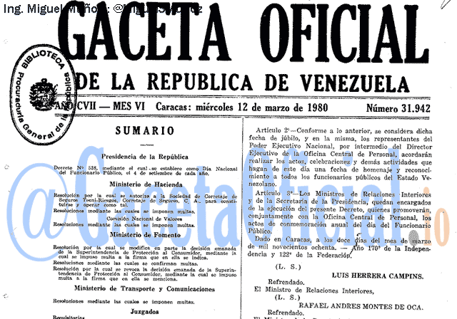 Gaceta Oficial 31942 del 12 Marzo 1980