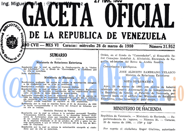 Gaceta Oficial 31952 del 26 Marzo 1980