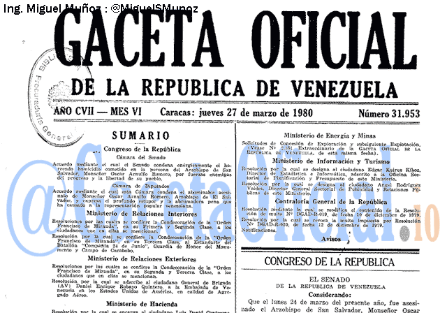 Gaceta Oficial 31953 del 27 Marzo 1980