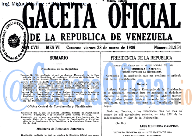 Gaceta Oficial 31954 del 28 Marzo 1980