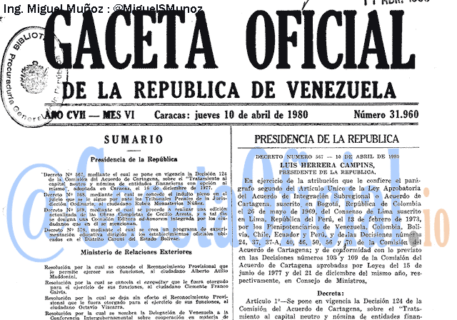 Gaceta Oficial 31960 del 10 Abril 1980