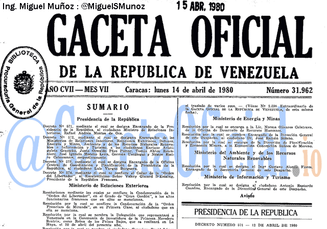 Gaceta Oficial 31962 del 14 Abril 1980
