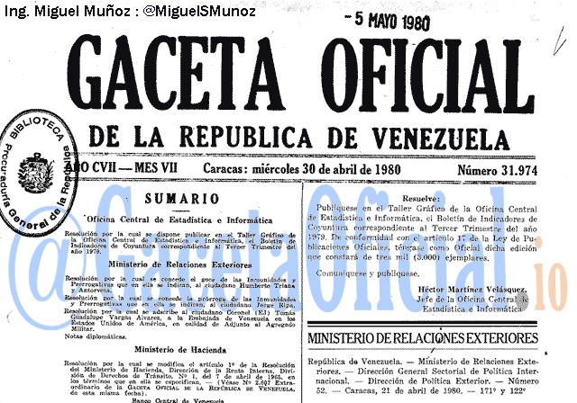 Gaceta Oficial 31974 del 30 Abril 1980