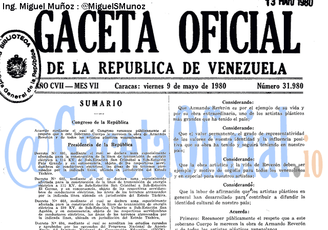 Gaceta Oficial 31980 del 9 Mayo 1980