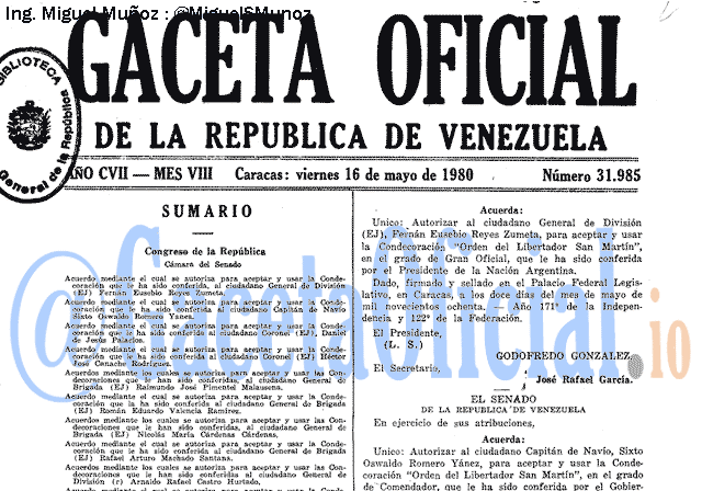 Gaceta Oficial 31985 del 16 Mayo 1980