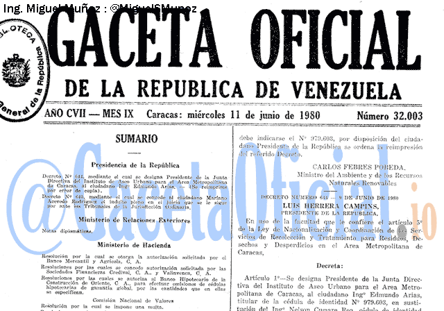 Gaceta Oficial 32003 del 11 Junio 1980