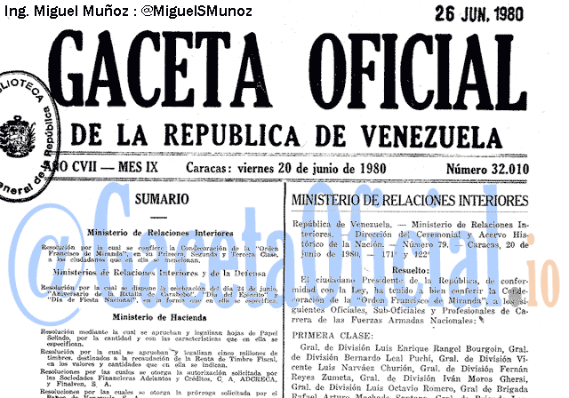 Gaceta Oficial 32010 del 20 Junio 1980