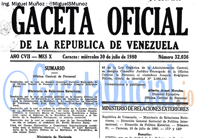 Gaceta Oficial 32036 del 30 Julio 1980