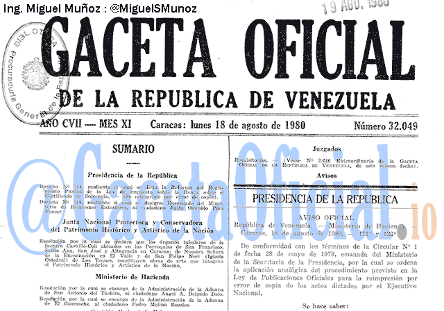 Gaceta Oficial 32049 del 18 Agosto 1980
